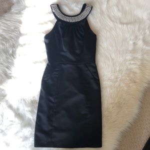 Milly Black Satin Cocktail Dress w Pearl Neckline
